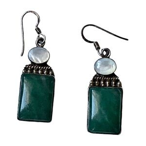 Sterling Silver Aventurine Gemstone & Mother of Pearl Dangle Earrings Jewelry